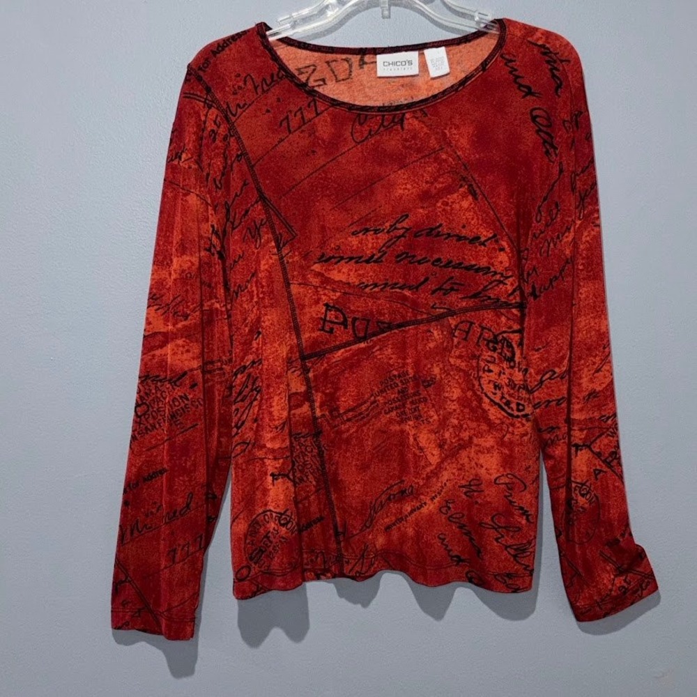 Chico's Travelers Top Women 2L Red Acetate Spandex Postcard Script Print Vintage